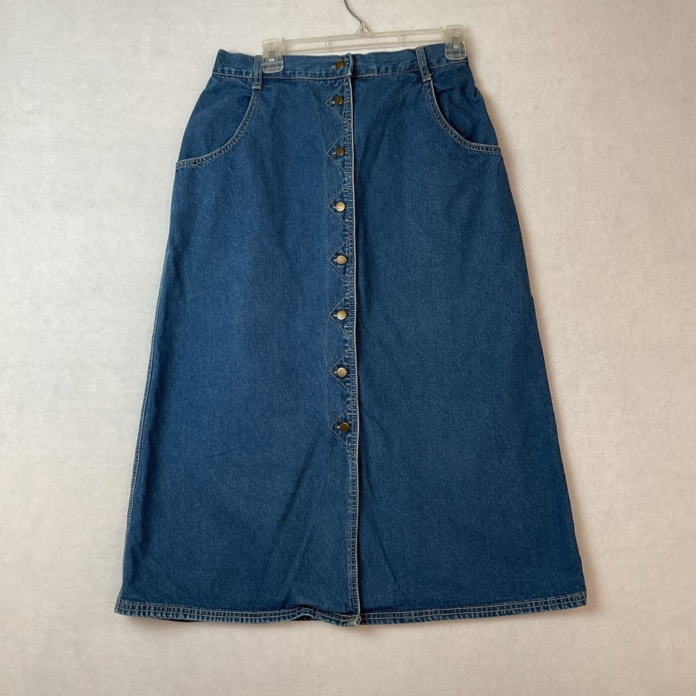 DonnKenny Jean Skirt Womens 12 Blue Denim Front Button Elastic Back Waist A-Line